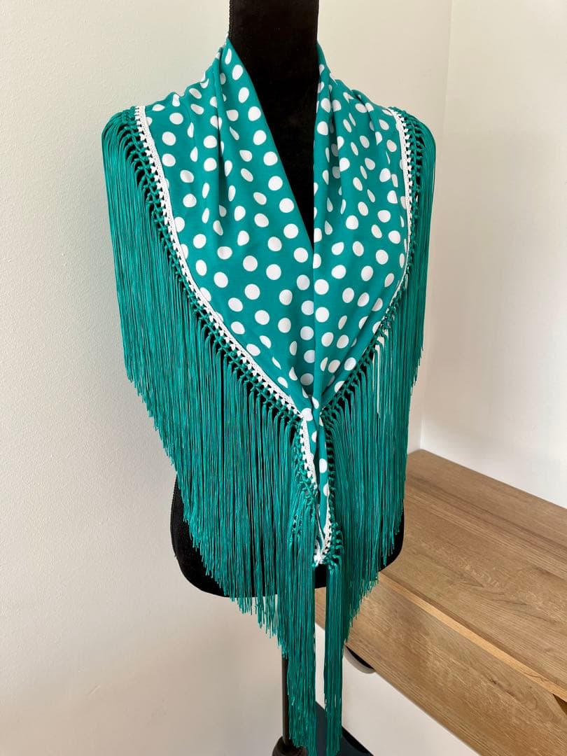 フラメンコ マントンシージョ ブルーグリーンxホワイト水玉　ブルーグリーンフレコ