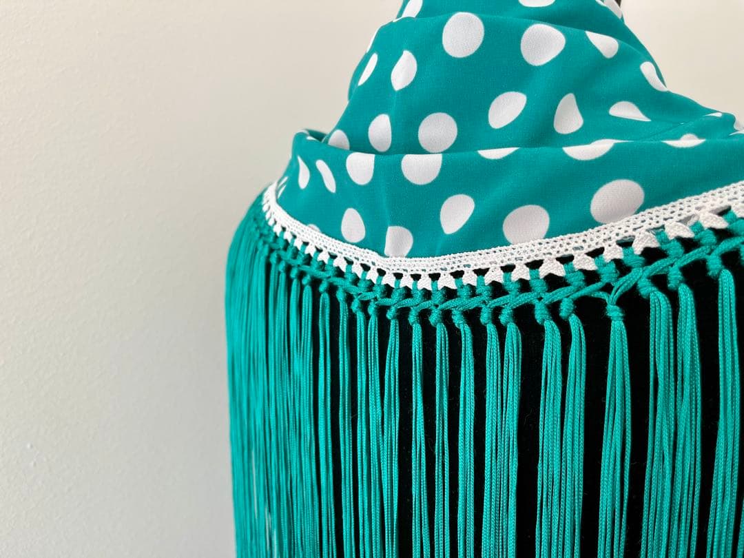 フラメンコ マントンシージョ ブルーグリーンxホワイト水玉　ブルーグリーンフレコ