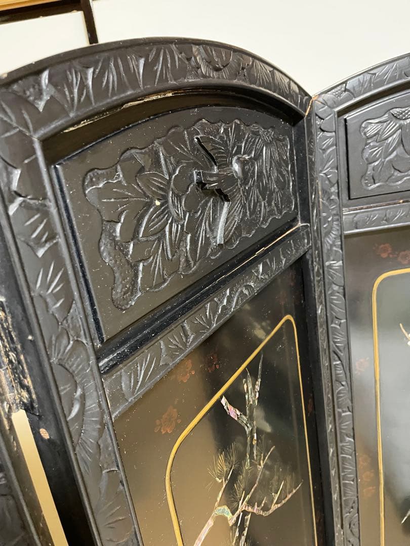 螺鈿細工 四曲屏風 大型 木製 アンティーク 和家具 インテリア