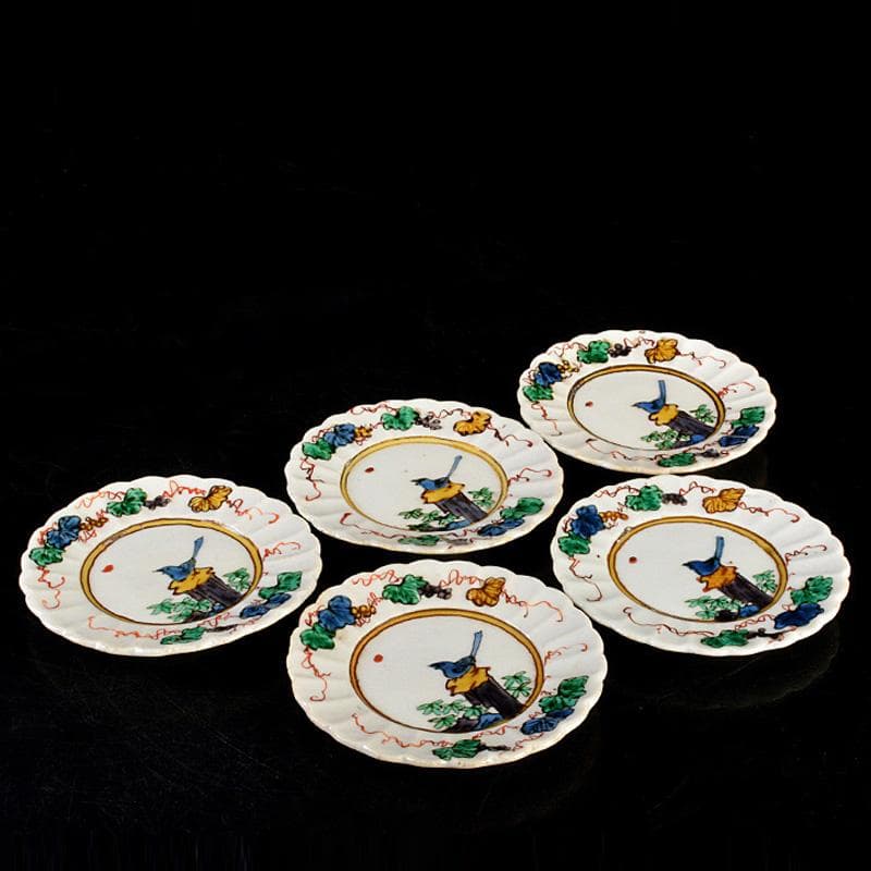 九谷焼　古九谷　角福銘　色絵花鳥文　輪花皿　手塩皿　小皿　五客　V　R7321