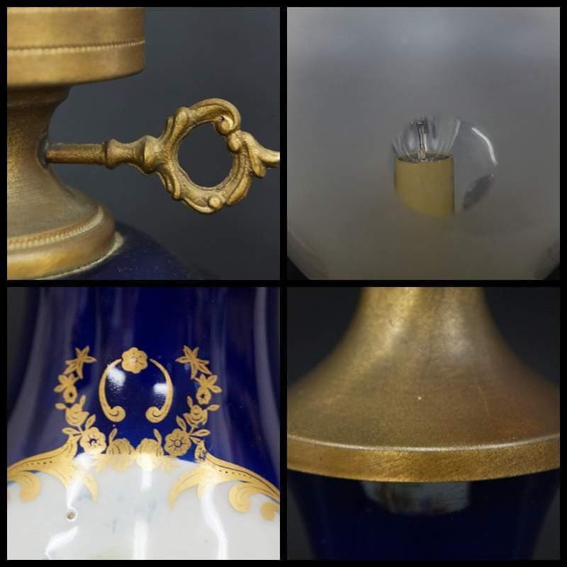 大型ランプ フリルガラスランプ 金彩色絵『貴公子と貴婦人文』洋燈 卓上ランプ