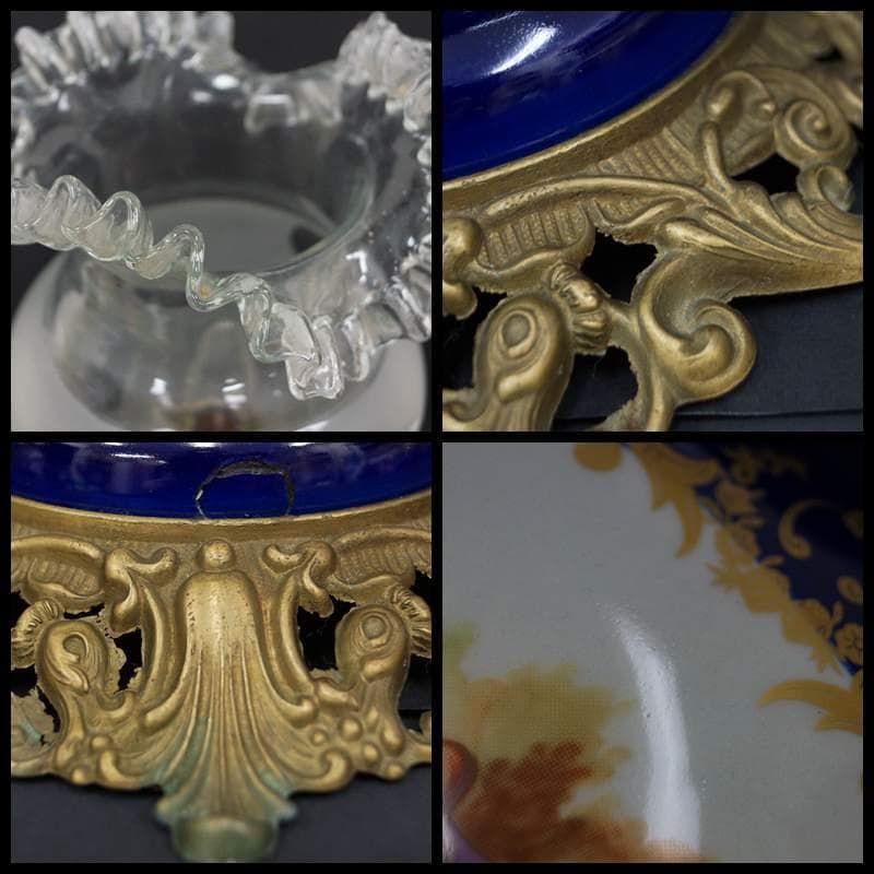 大型ランプ フリルガラスランプ 金彩色絵『貴公子と貴婦人文』洋燈 卓上ランプ