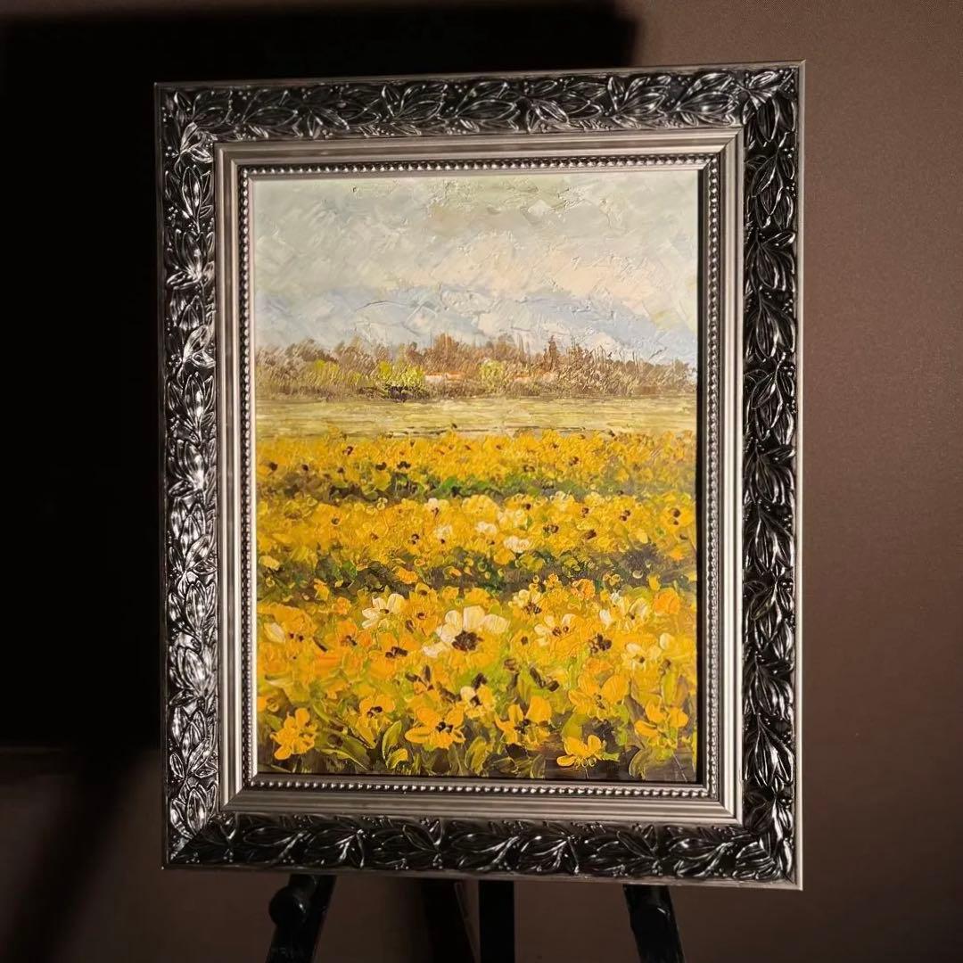手書き油絵 菜の花畑 肉筆絵画 インテリア 油彩画