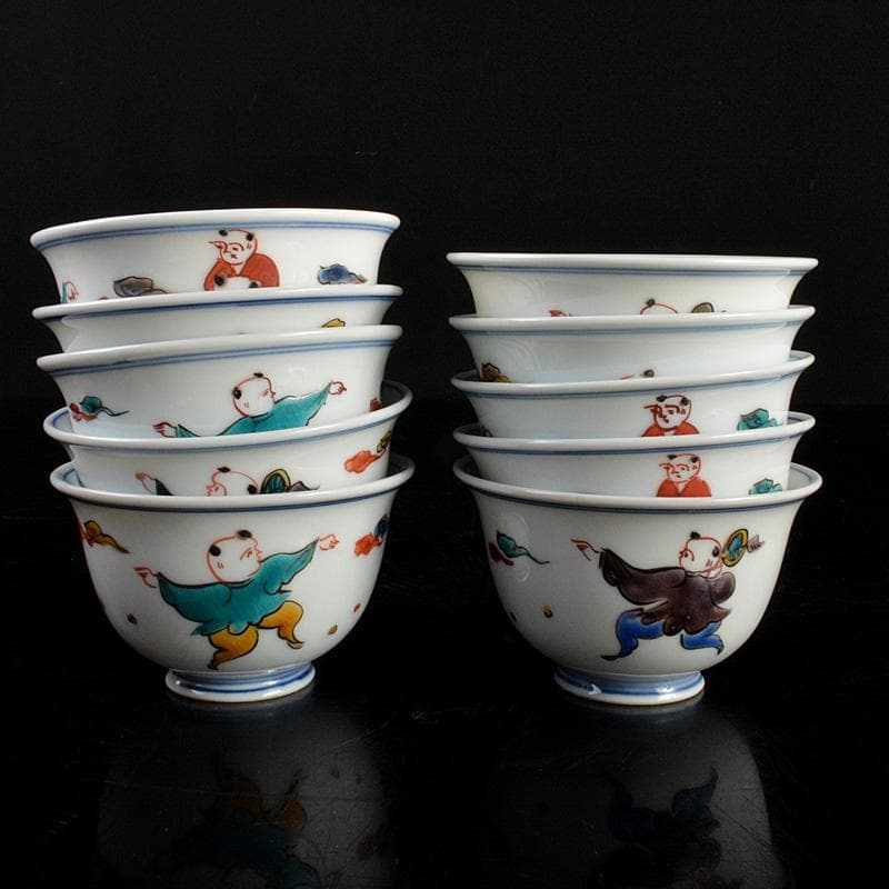 九谷焼　堀江青光作　色絵唐子文　波出茶碗　10客　共箱　V　6261