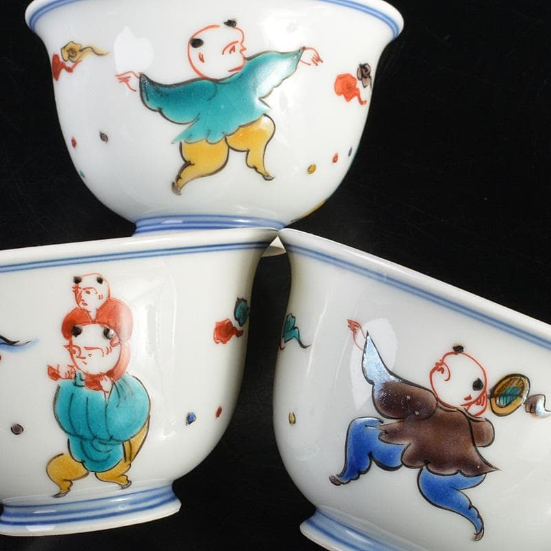 九谷焼　堀江青光作　色絵唐子文　波出茶碗　10客　共箱　V　6261