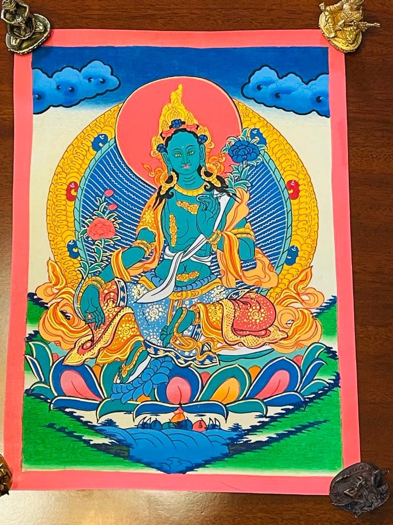 手描き 肉筆画 グリーンターラー 緑多羅菩薩 タンカ 曼荼羅 38 × 26