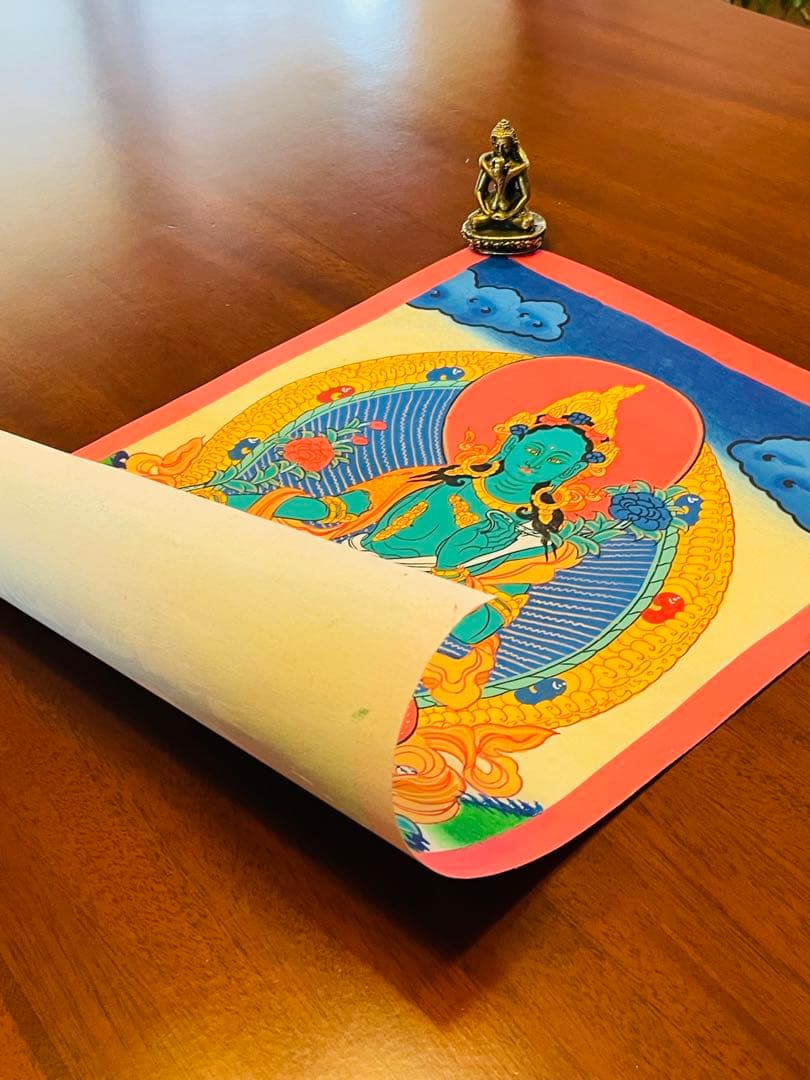 手描き 肉筆画 グリーンターラー 緑多羅菩薩 タンカ 曼荼羅 38 × 26