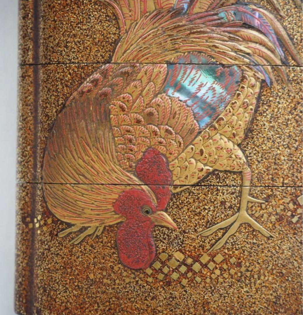送料無料　江戸時代　極上品（在銘）本金梨子地螺鈿蒔絵 鶏図印籠 人物根付 木箱付