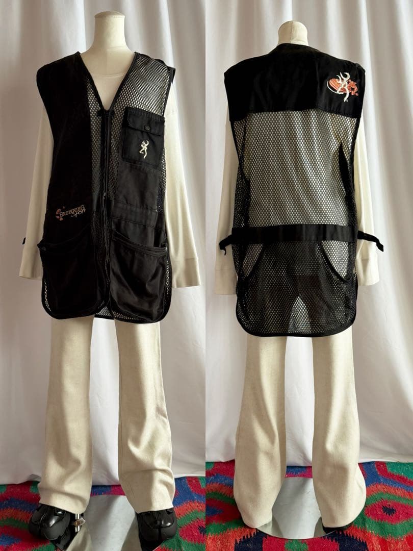 古着 ビンテージ 80s フィッシング ベスト黒 刺繍 XXL ミリタリー 希少