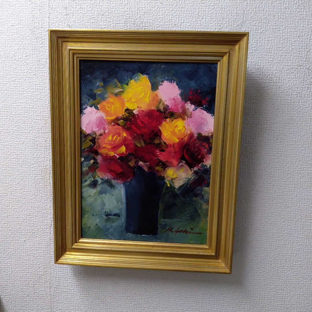 肉質油絵　立て　バラの花と花瓶　青木今陽　額装仕上げ品