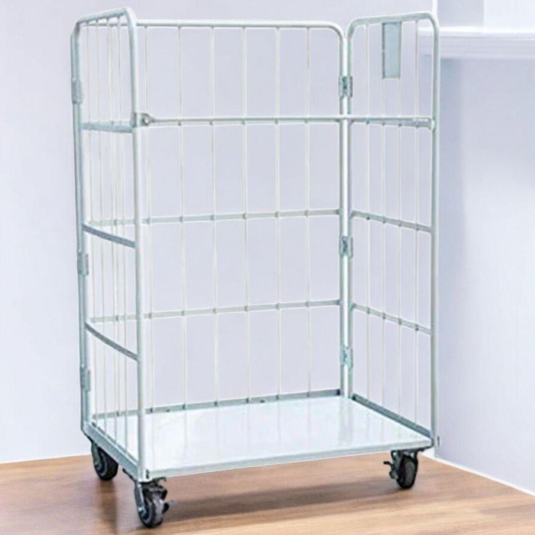 ワイドカゴ台車 ホワイト 折りたたみ式 スチール製 キャスター付き 業務用
