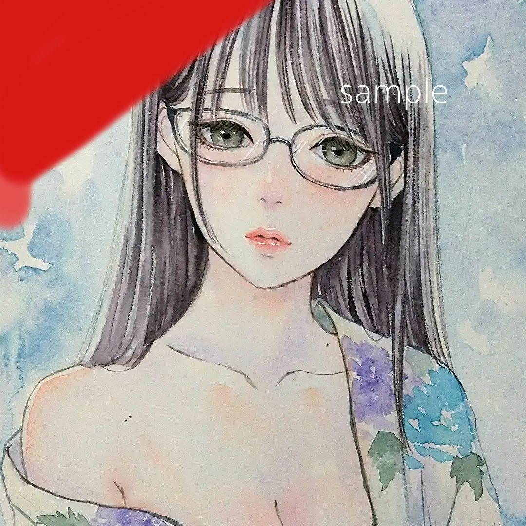 絵画　手描きイラスト　美人画　水彩画　原画　浴衣　眼鏡　紫陽花