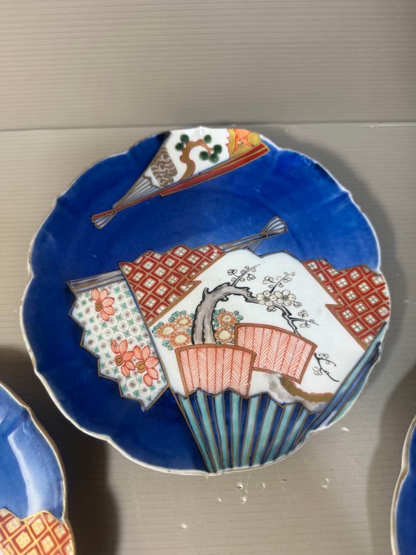 2644 中国骨董　大明萬暦年製銘　扇文　裏に龍文　皿　5客　時代物