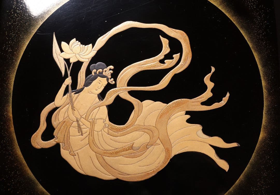 時代 飛天女蒔絵 饅頭箱 菓子箱 黒塗 木製 漆器 加賀 金沢 明治【MA824