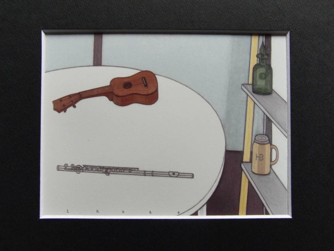 笠井誠一、【ウクレレとフルートのある室内】、希少な画集より、状態良好