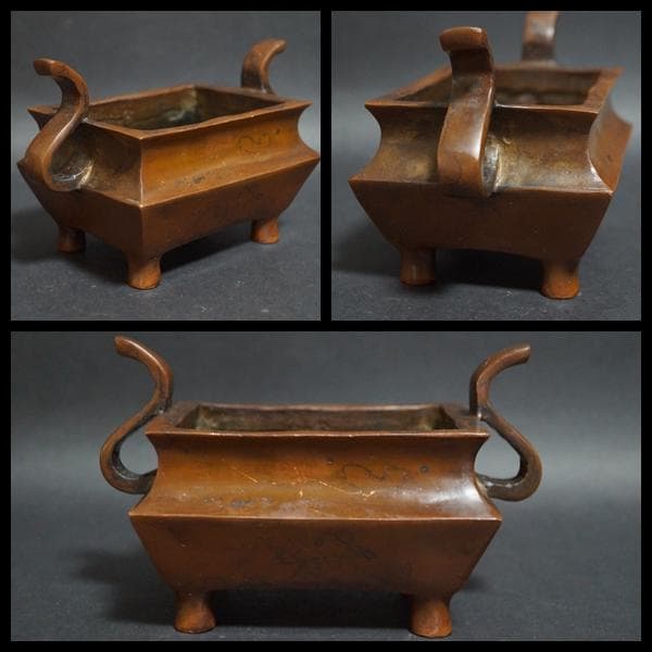 清時代 【大明宣徳年製】款 古銅双耳長香炉 寺院銅爐 茶道具/ 香道具☆時代物☆