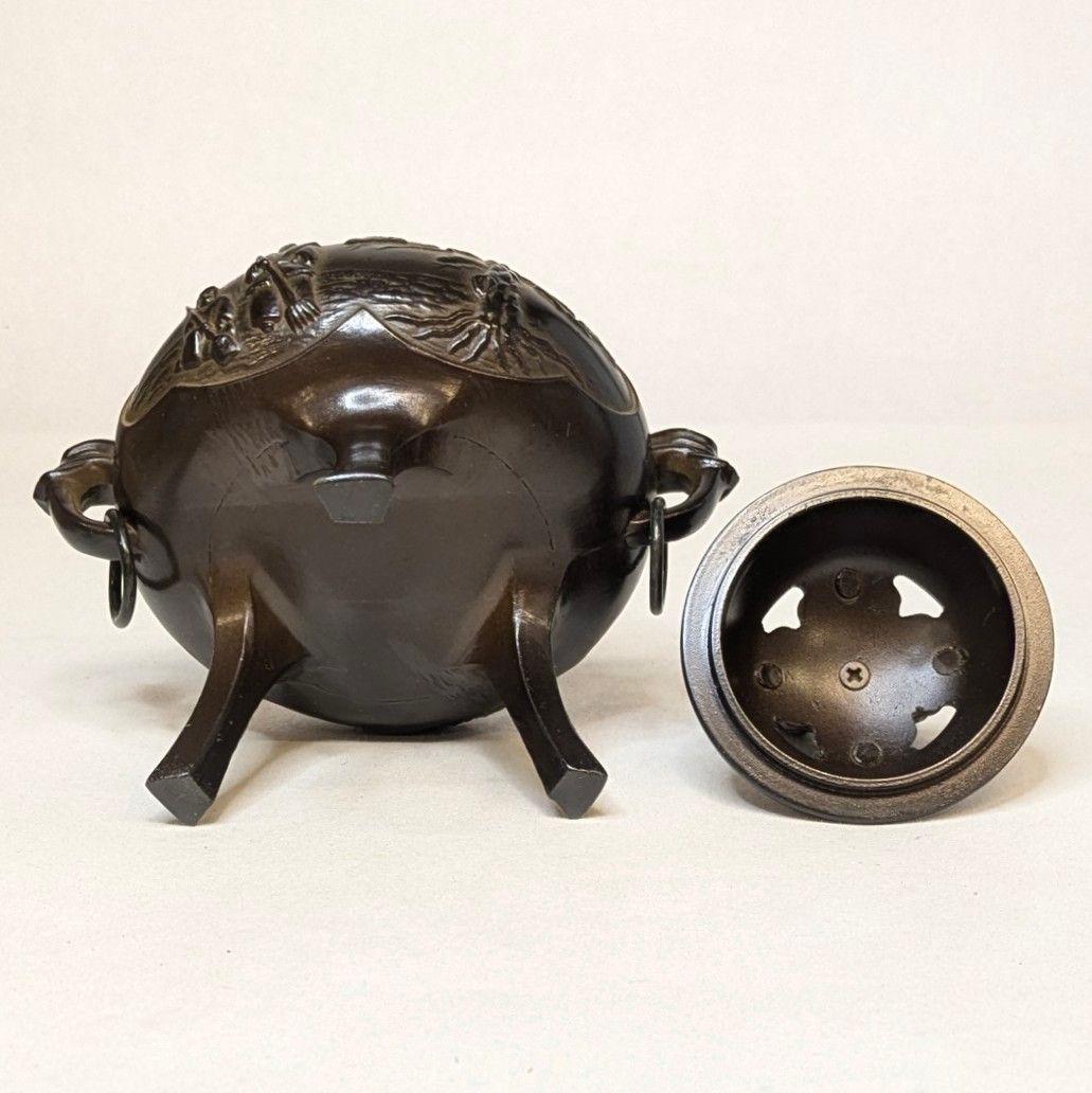 【フォロー割・新品】 香炉 高岡銅器 桐箱付 三足香炉 茶道具 獅子彫刻付き