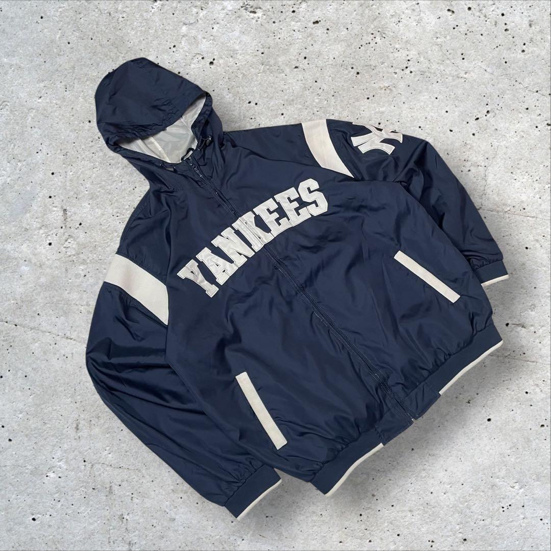 MLB公式ニューヨークヤンキースフード付きナイロンジャケットY2K XLネイビー
