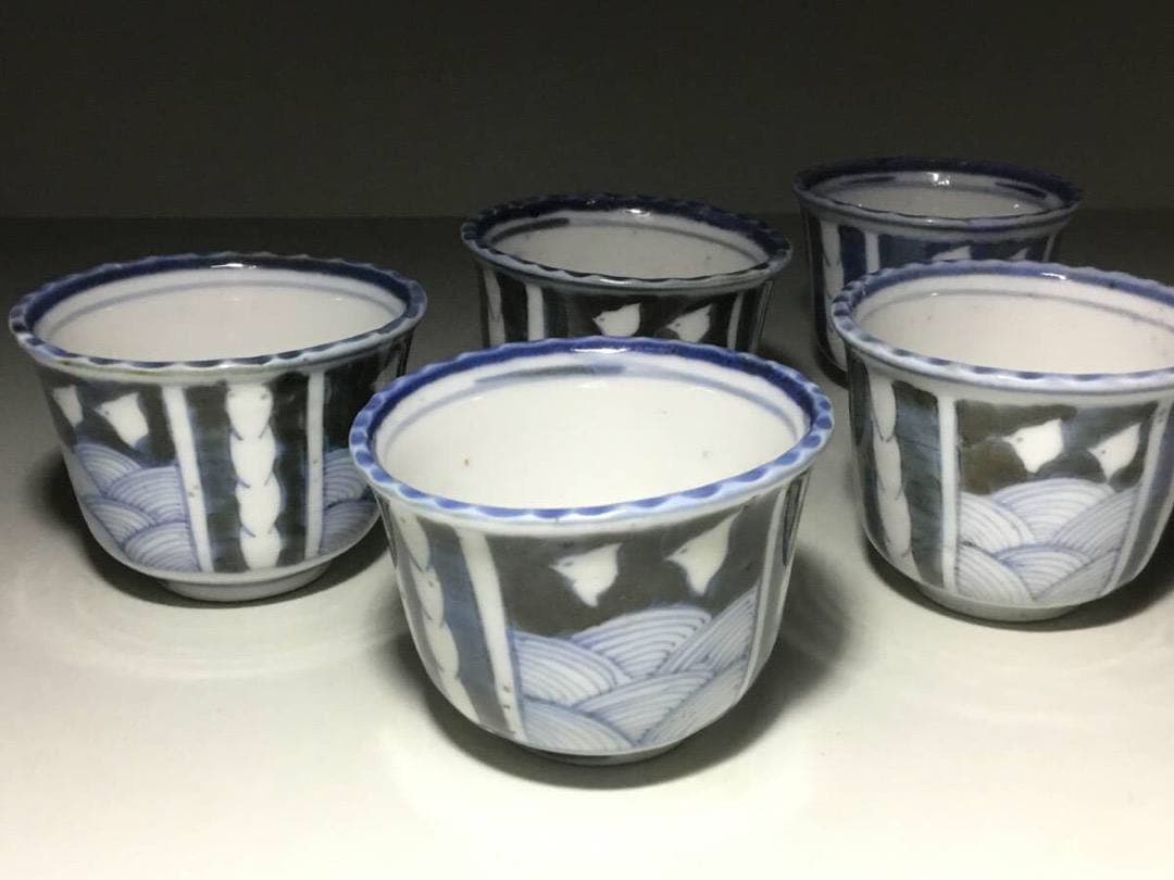 ちどり◆波千鳥 / ４個◆古伊万里 染付け 蕎麦猪口 向付 湯呑み そば猪口