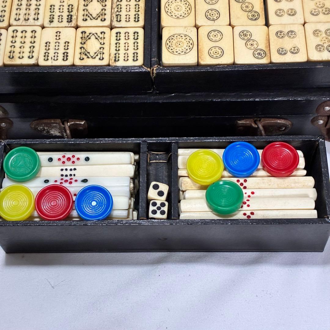 中国麻雀牌 136枚 完品 木箱付き 点棒・サイコロ付 ヴィンテージ 竹裏牌