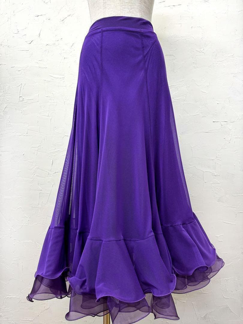 【シンプル】新品ふんわりチュール裾2段 社交ダンス　ロングフレアスカート紫ｂ65