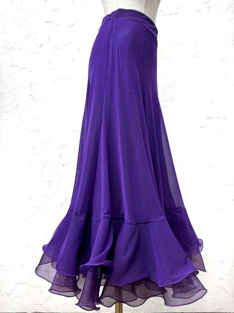 【シンプル】新品ふんわりチュール裾2段 社交ダンス　ロングフレアスカート紫ｂ65