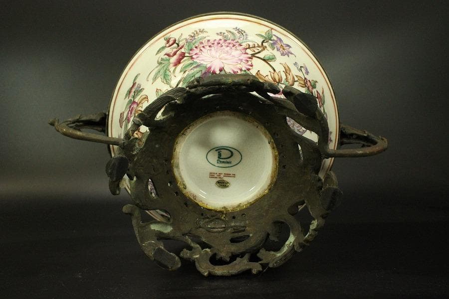 中国美術 色絵 ブロンズ 台 耳付 碗 34.3cmx24cm(LC603)