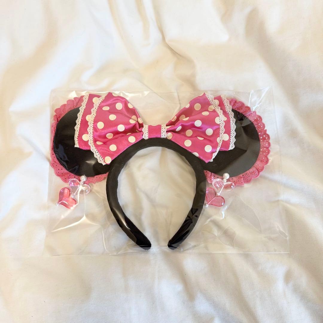 ディズニー　カチューシャ　イヤリング　水玉　レース　ピンク