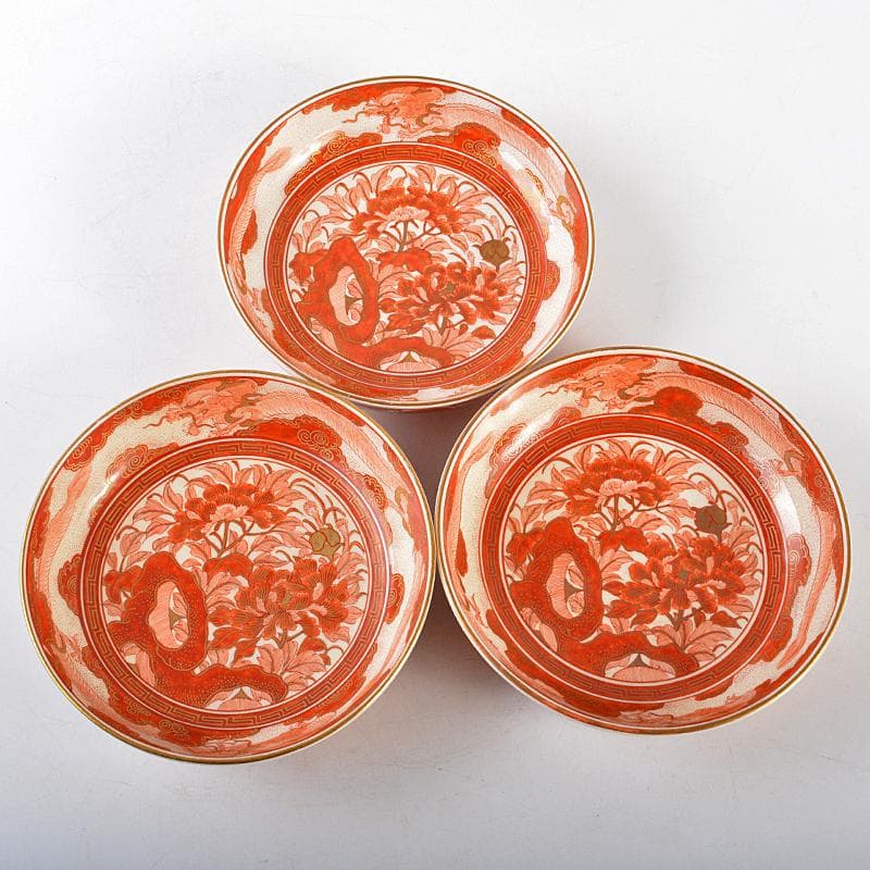 eyeknow74 　八郎手赤絵金彩　雲龍牡丹文　皿　三客　D　R6039