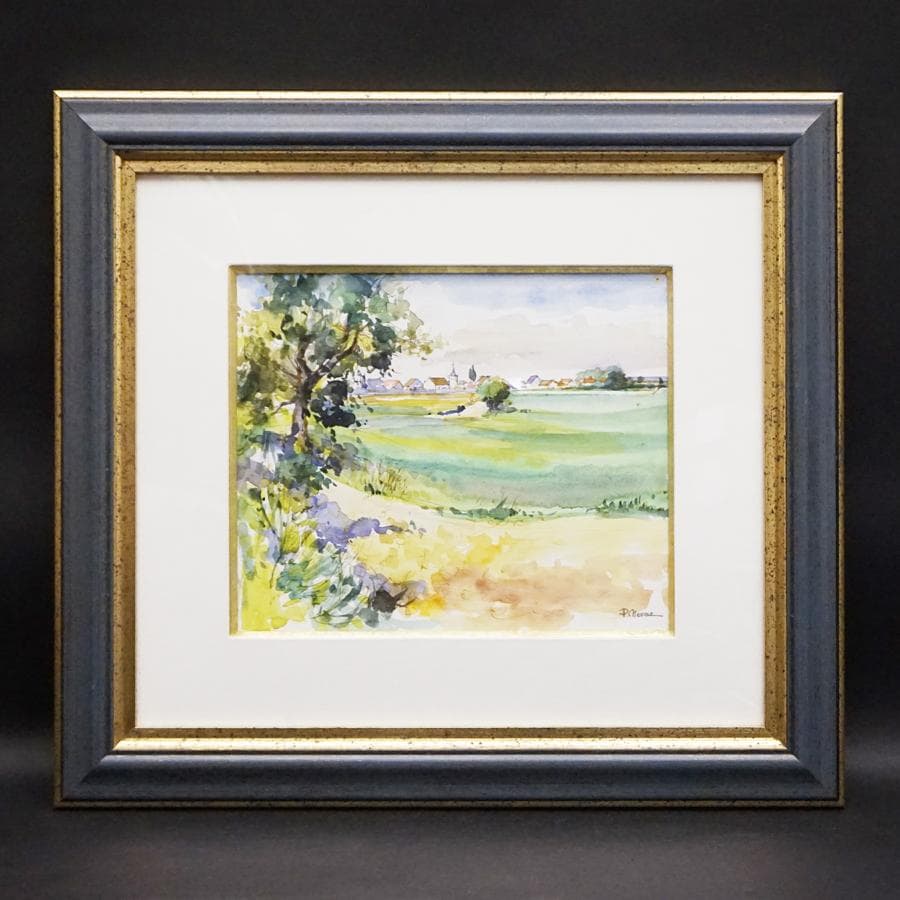 ピエール・ヌブー『パリ近郊』 風景画 水彩画 絵画 肉筆 額装
