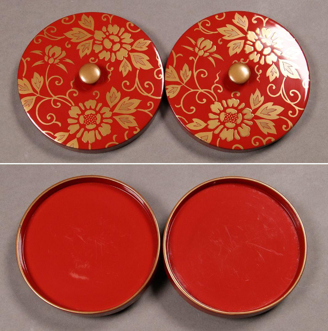 M422 時代漆芸 花唐草金蒔絵朱塗茶臺一対 九谷木米赤絵茶器 木箱 /木製茶台