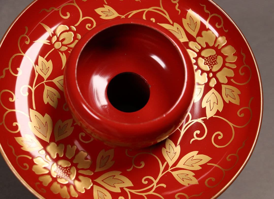 M422 時代漆芸 花唐草金蒔絵朱塗茶臺一対 九谷木米赤絵茶器 木箱 /木製茶台