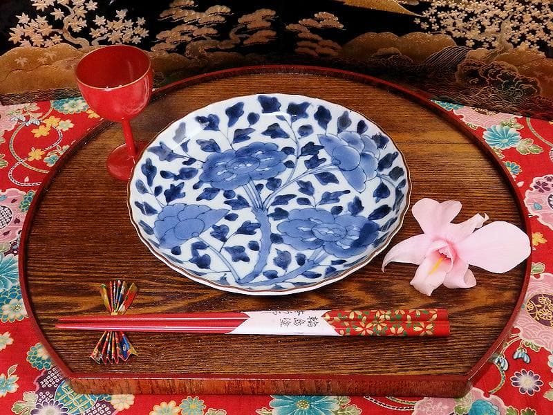 古伊万里　染付　牡丹に牡丹唐草の図　６寸皿　江戸期　F173AS-fbqu