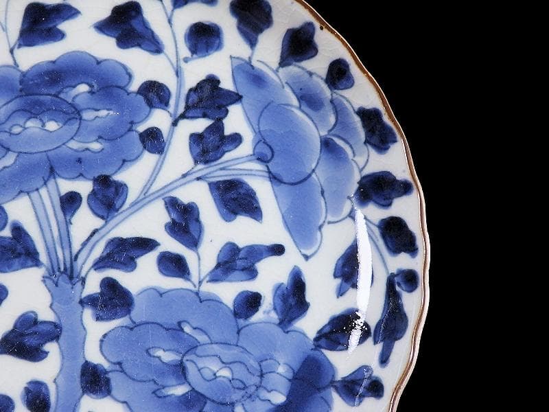 古伊万里　染付　牡丹に牡丹唐草の図　６寸皿　江戸期　F173AS-fbqu