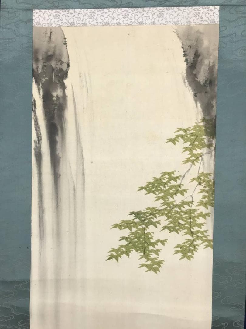 【真作】景秀/夏渓オシドリ図/オシドリ図/滝図/掛軸/名家伝来/AB-941