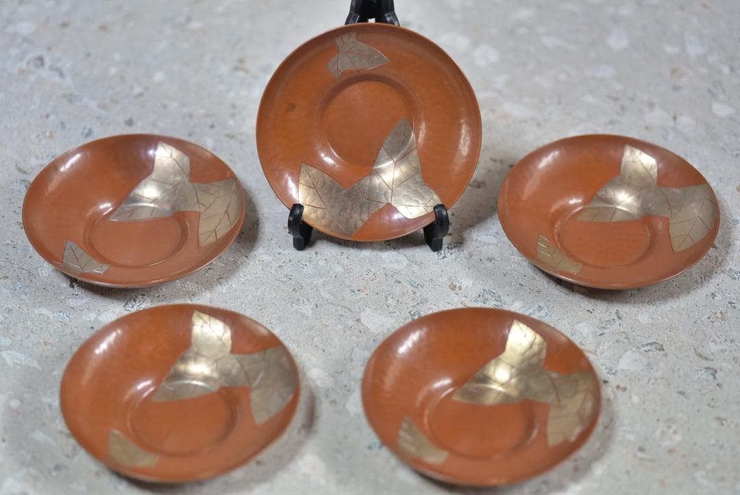 玉川堂、鎚起銅器、葉分茶器揃（7点）　銅器　共箱／茶道具