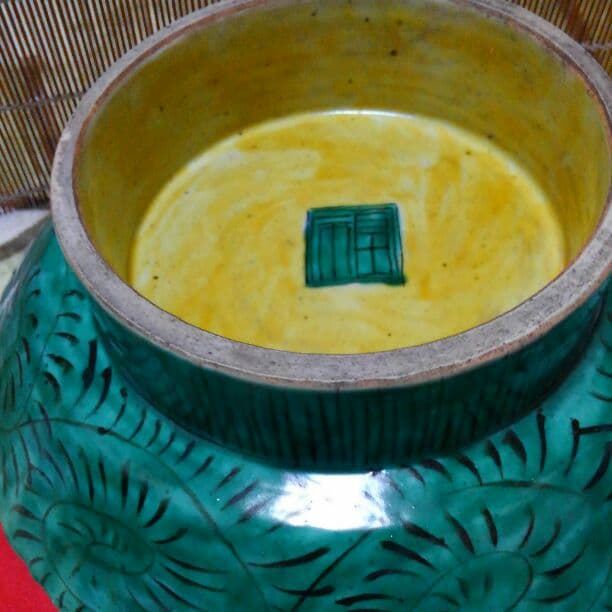 古九谷　角福青手　花鳥文 高台 輪花皿