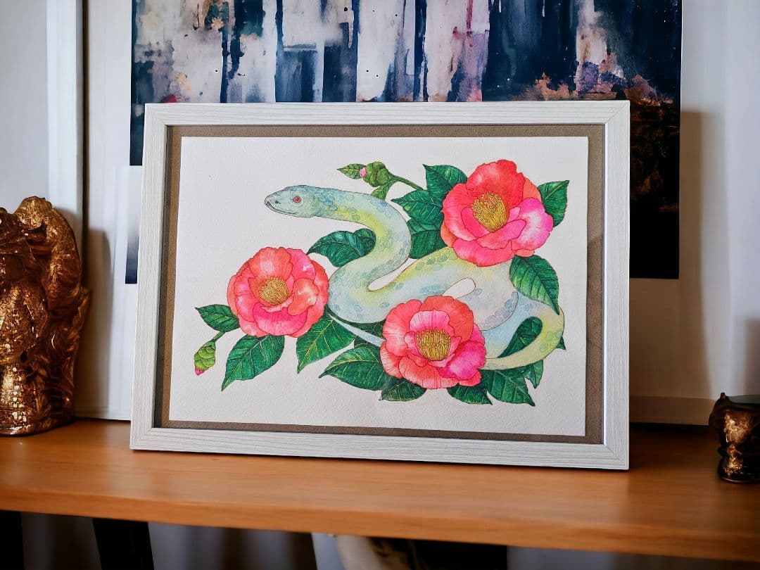 【原画販売】水彩画 白蛇と椿　額無し