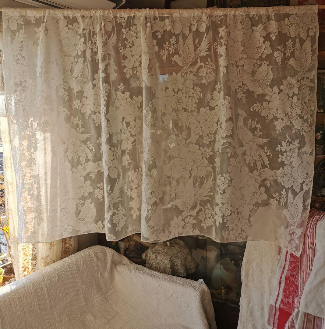 アンティーク ノッティンガムマドラスレース 餌やり鳥の親子 薔薇紋カーテンパネル