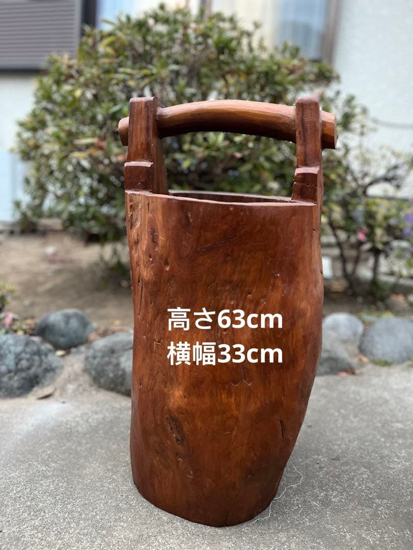 昭和レトロ天然木 無垢材 くり抜き 手桶型 傘立て 14.6kg 花器 古道具