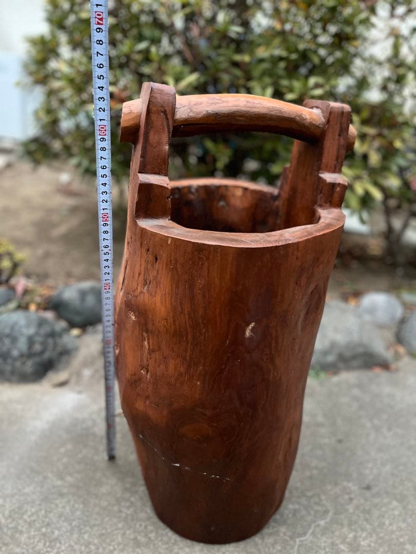 昭和レトロ天然木 無垢材 くり抜き 手桶型 傘立て 14.6kg 花器 古道具