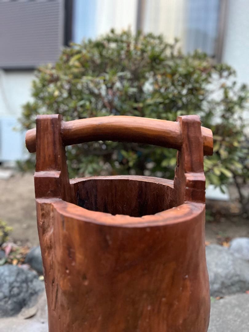 昭和レトロ天然木 無垢材 くり抜き 手桶型 傘立て 14.6kg 花器 古道具