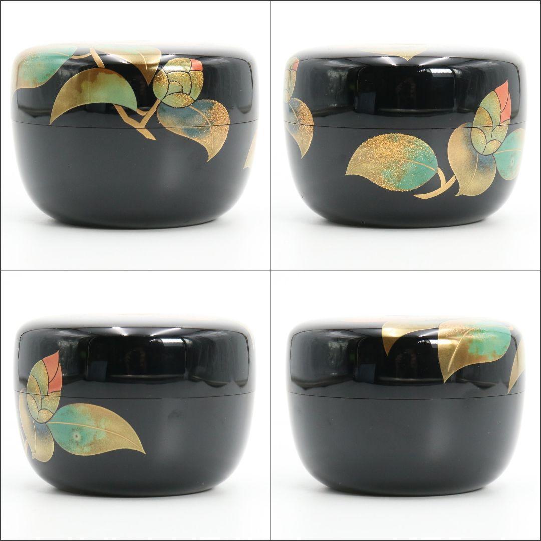 桜井一良作 椿蒔絵 平棗 金梨子地 金蒔絵 茶道具 共箱共布　M347　TC1