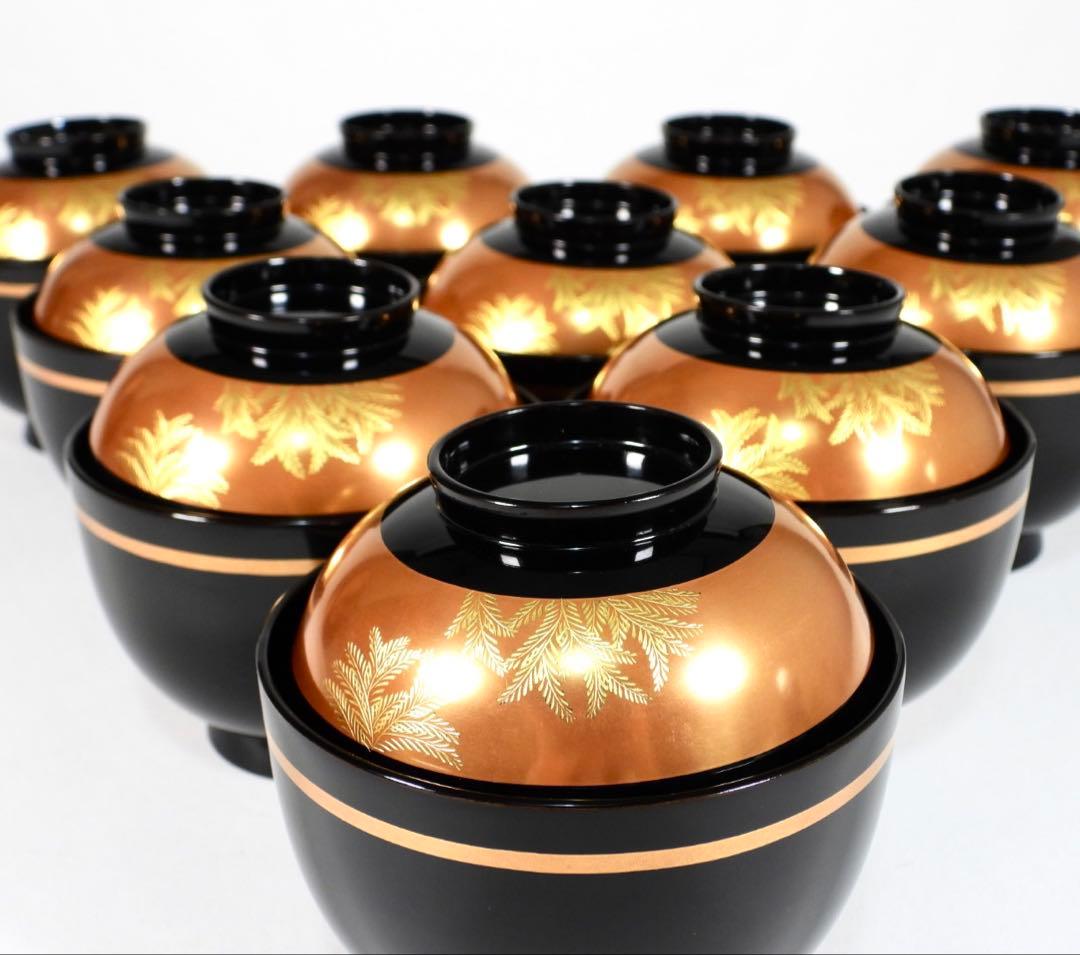 【美品】輪島塗 木製漆器 沈金 蓋椀 吸物椀 汁椀 10客