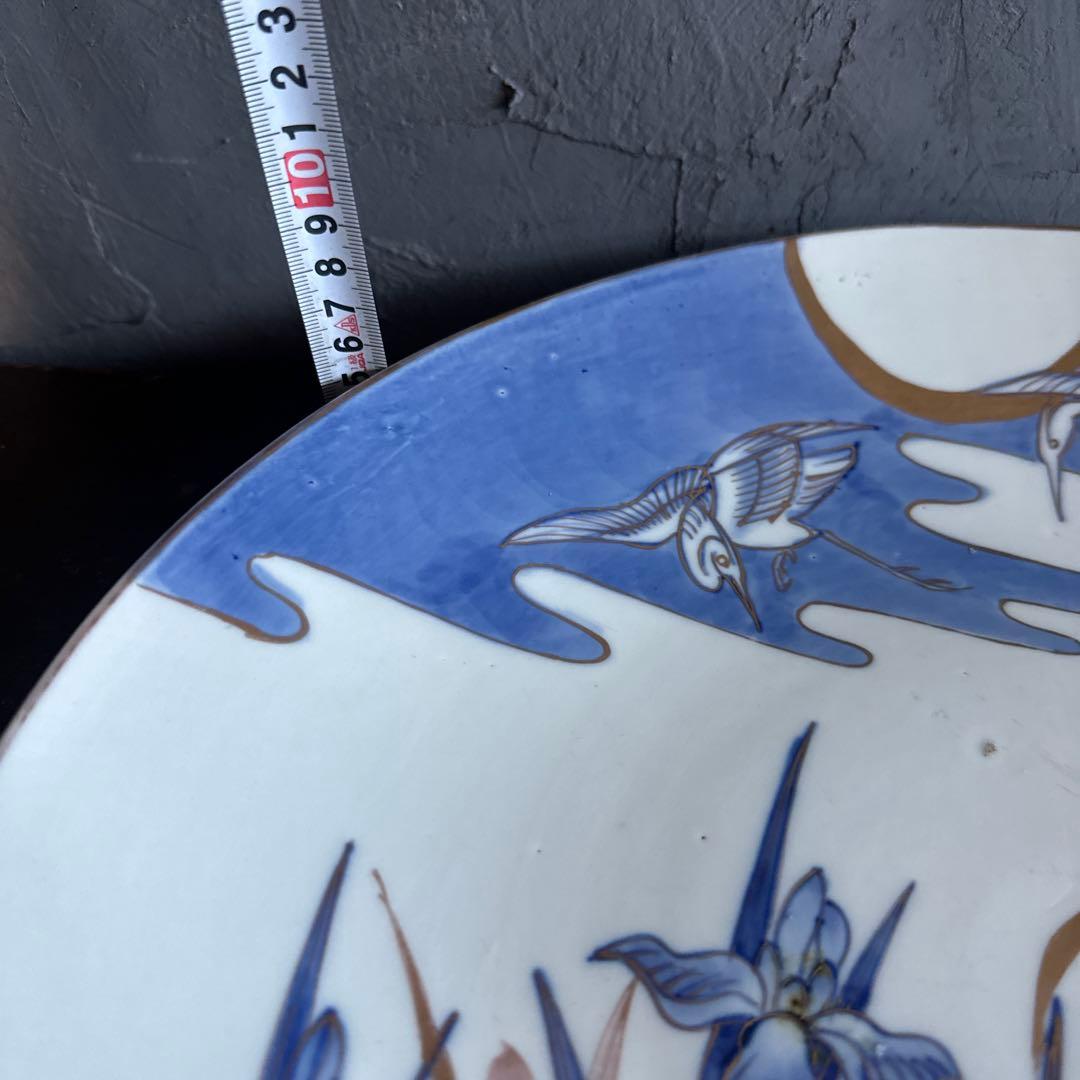 お値下げ❣️ヴィンテージ　大皿　青　　　白い鶴と花の陶器皿