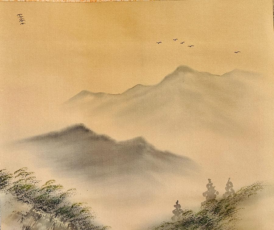 見事‼︎ 平野 翠雪 筆 彩色山水 掛け軸 掛軸 肉筆 共箱 タトウ箱 尺八立