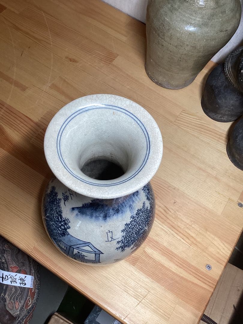 時代物　湖東焼　漢詩染付風景図　花瓶　古陶磁　高さ約20.5cm×幅約15cm