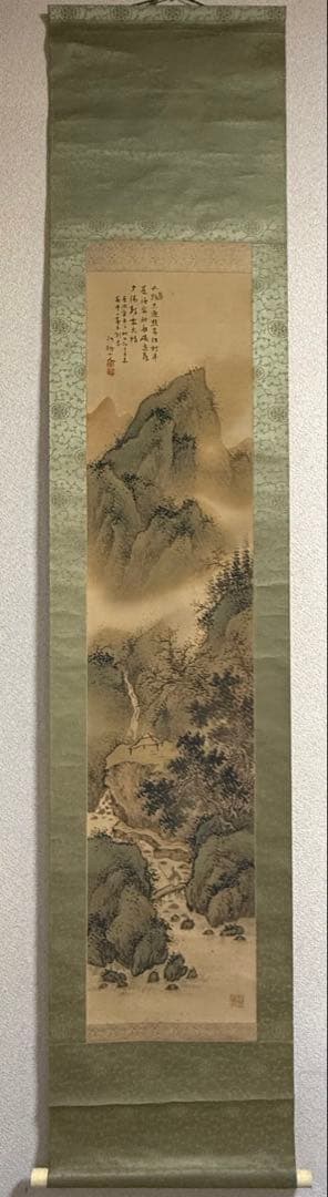 竹塘山人筆　絹本肉筆　青緑山水　共箱　掛軸　送料込み250902