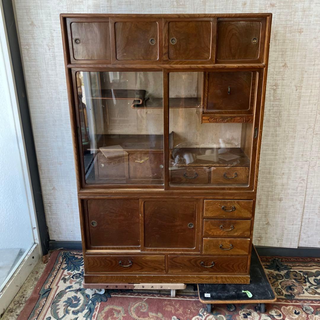 昭和レトロ 茶箪笥 茶棚 ガラス扉 サイドボード 古家具 飾り棚ビンテージ
