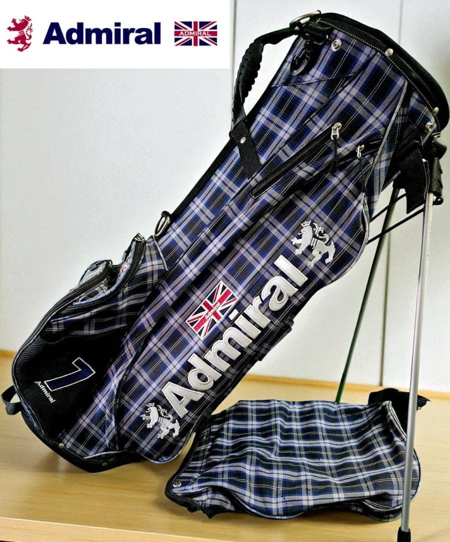 送料無料/美品　Admiral チェック柄スタンド式キャディバッグNAVY